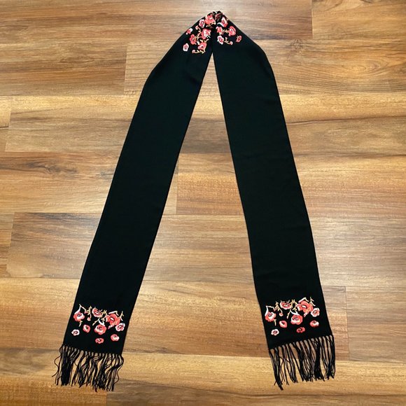 White House Black Market Black Scarf w Floral Detailing and Fringed Ends - Picture 7 of 10